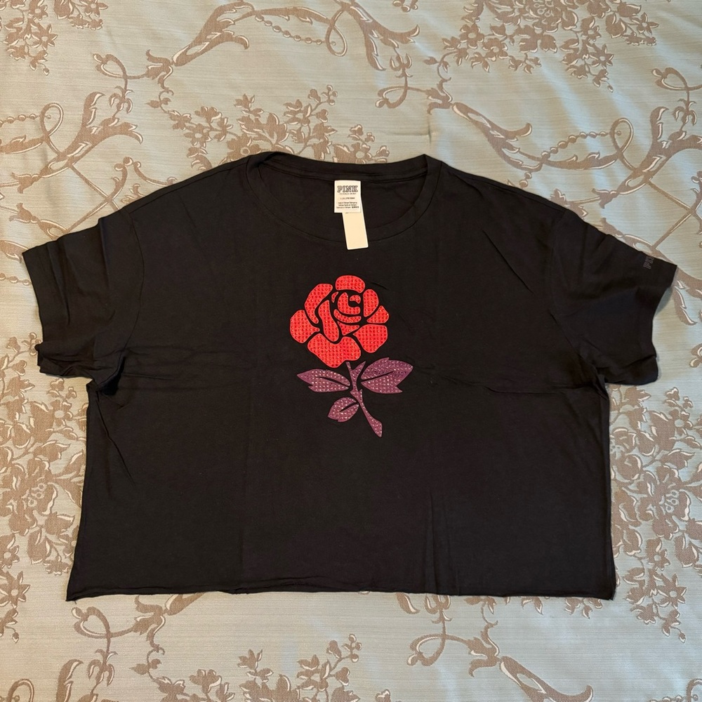 Victoria's Secret PINK Girlfriend Cropped Bling Black Tee Shirt Women Size Large